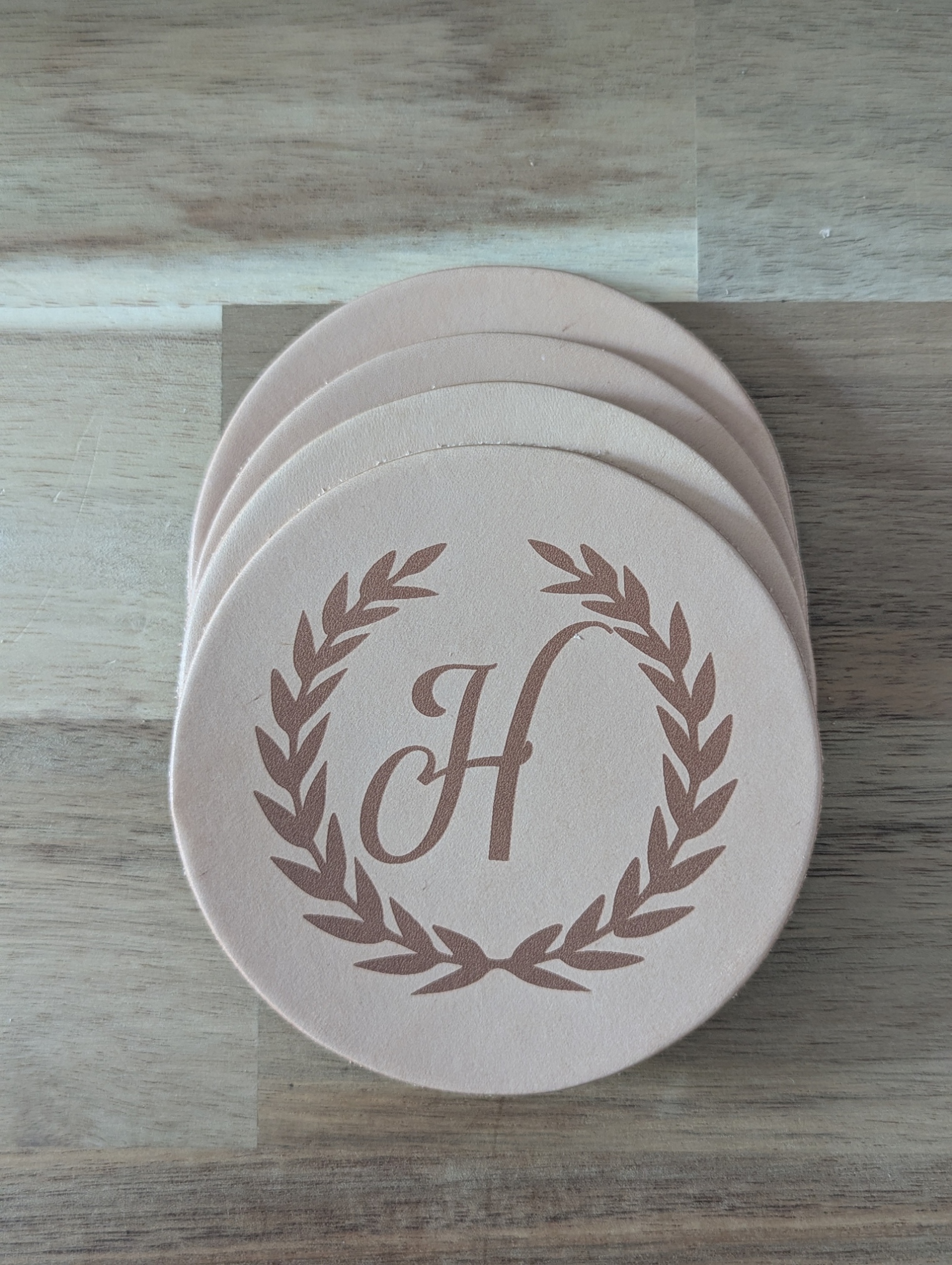 Round Rawhide Leather Coaster with Laurel Wreath and Initial